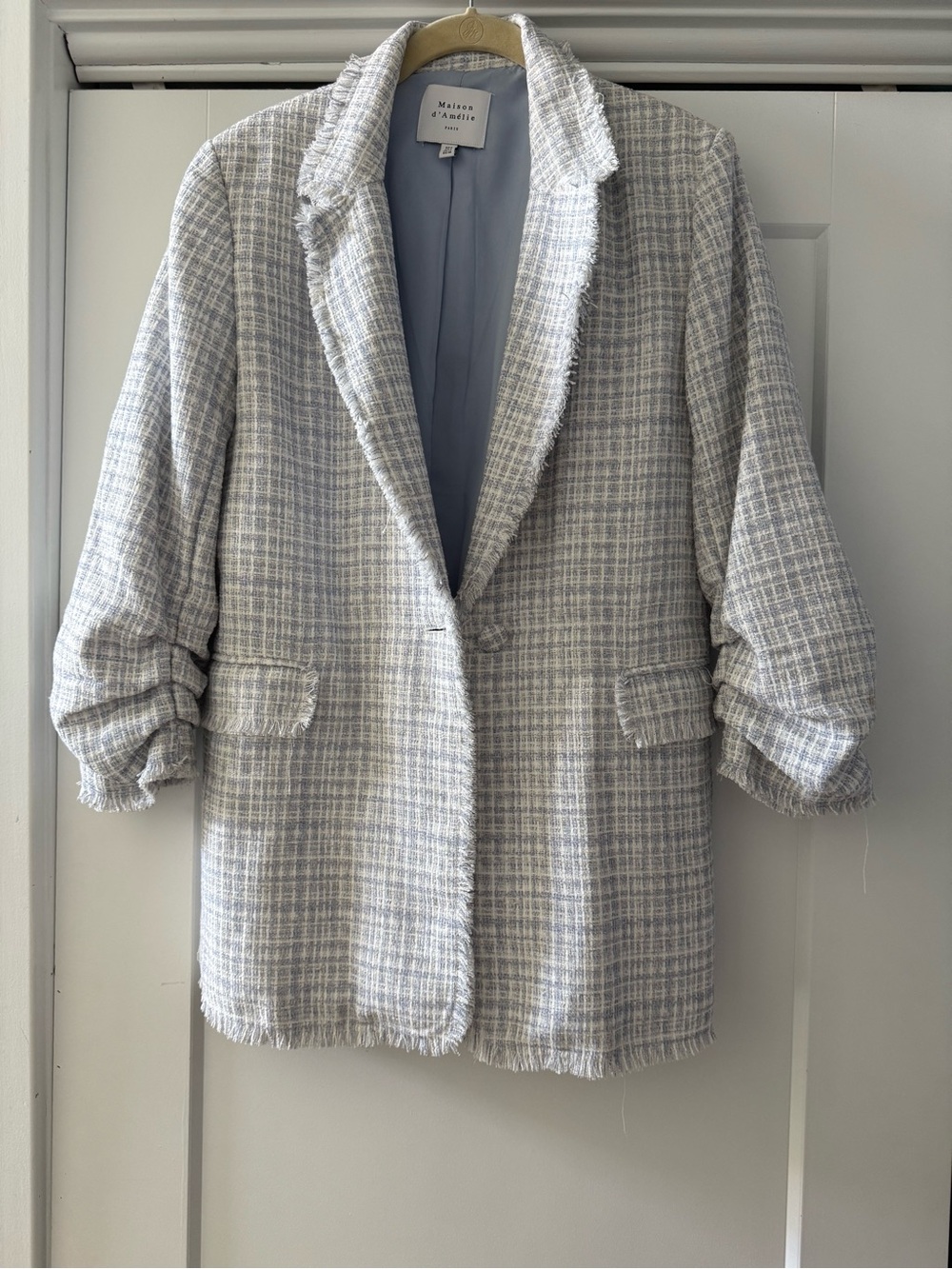 Light Gray and Blue Plaid Tweed Blazer